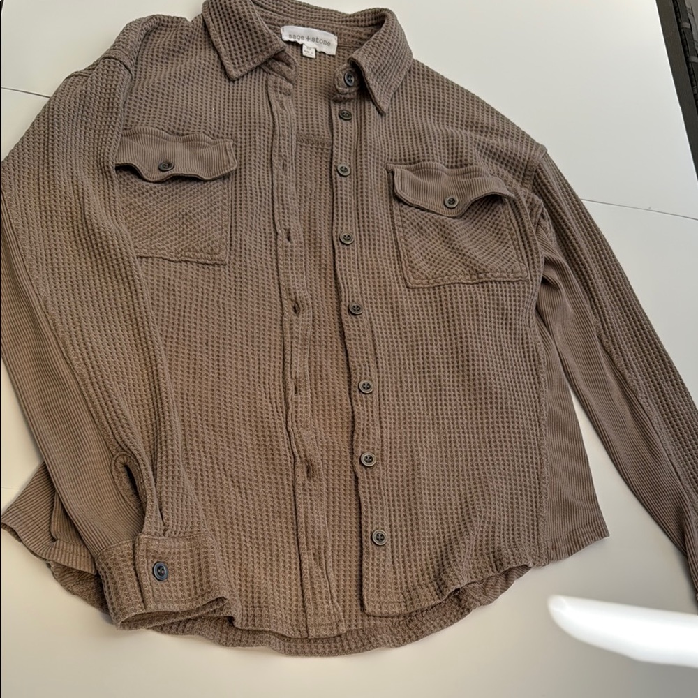 Women's Brown Button Down waffle shirt